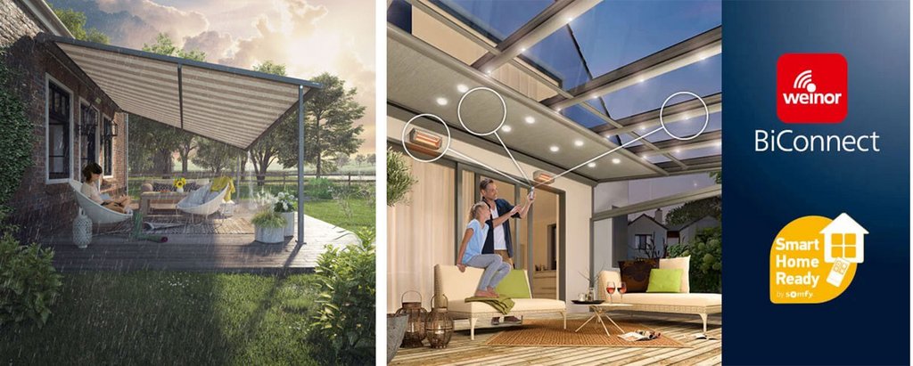 Sonnenschutz über Terrasse mit Markise und modernen Glas-Schiebewänden in einer stilvollen Sitzsituation. Sonnenschutz über Terrasse mit Markise und modernen Glas-Schiebewänden in einer stilvollen Sitzsituation.