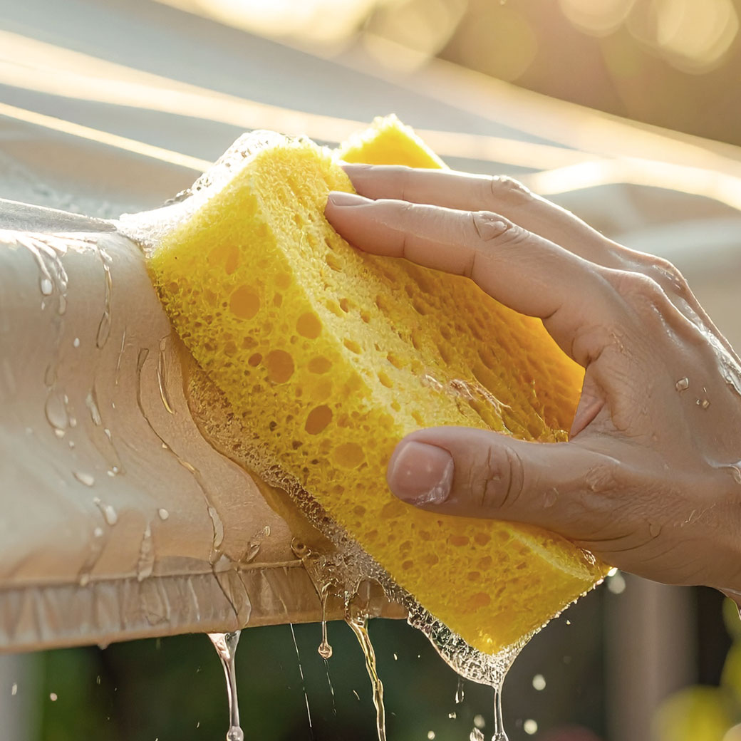 Eine Hand hält einen gelben Schwamm, der über eine nasse Oberfläche gleitet.