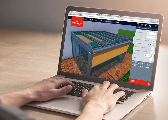 Ein Laptop zeigt eine 3D-Darstellung einer Überdachung mit Glas und Markisentuch. 