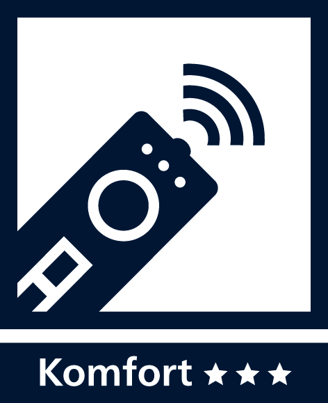 Fernbedienung mit Signalwellen, in dunkelblauem Design und weißen Akzenten, unterhalb der Schriftzug "Komfort".