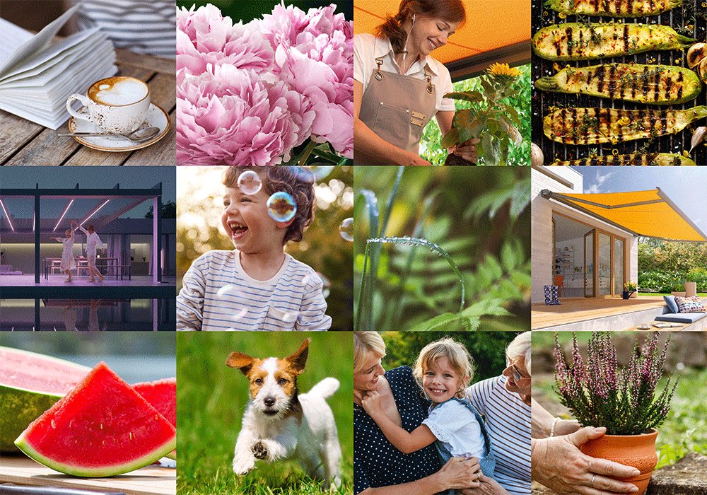 Eine Collage aus verschiedenen Bildern, darunter Blumen, Kinder, Lebensmittel und Terrassensituationen. Eine Collage aus verschiedenen Bildern, darunter Blumen, Kinder, Lebensmittel und Terrassensituationen.