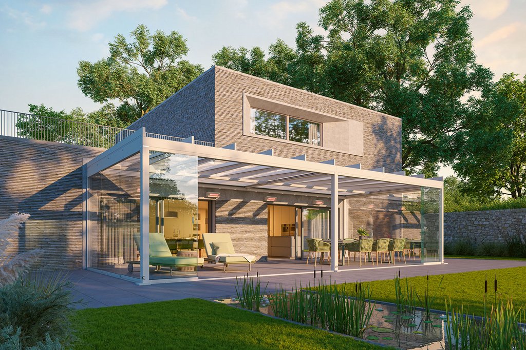 Moderne Architektur mit Überdachung, großen Fenstern und grüner Terrassensituation im Garten. Moderne Architektur mit Überdachung, großen Fenstern und grüner Terrassensituation im Garten.