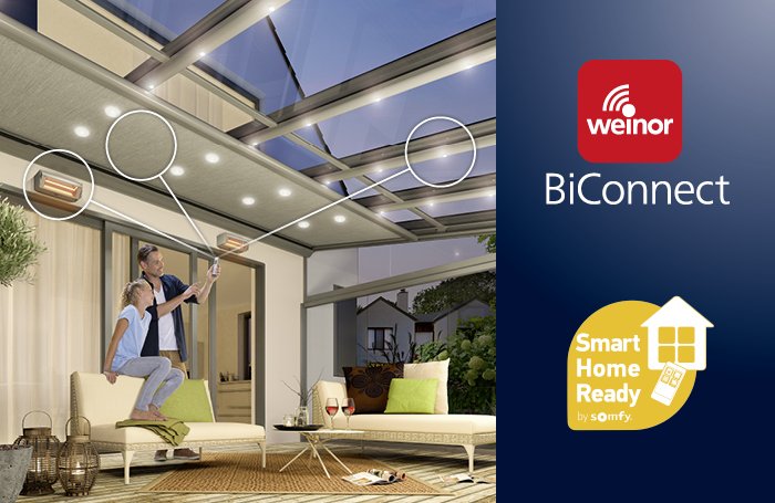 Modernes Terrassensituation mit LED-Beleuchtung und Smart-Home-Elementen, dominierende Farben: Weiß und Grau.
