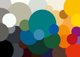 Bunte, kreisförmige Elemente in verschiedenen Größen und Farben, dominierend in Blau- und Grüntönen. 