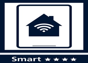 Symbol eines Hauses mit WLAN-Signal in einem rechteckigen Rahmen, dunkelblau und weiß. 
