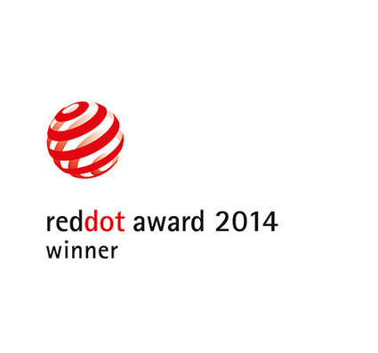 Logo des Red Dot Awards 2014 mit einem roten, spiralförmigen Design und schwarzem Text.