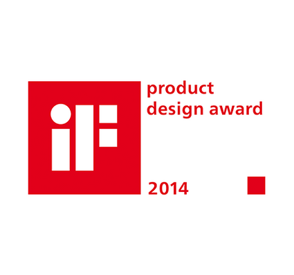 Rotes Logo mit dem Text "iF product design award 2014" und verschiedenen geometrischen Formen.