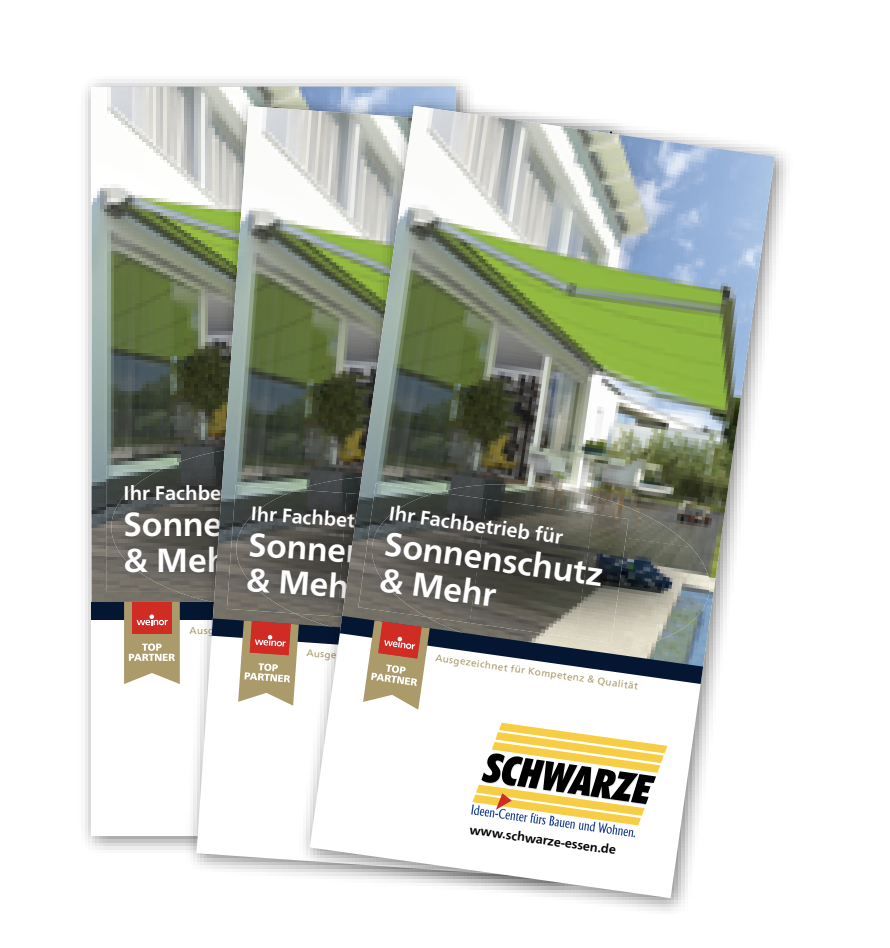 Drei gefaltete Broschüren mit grünem Design und Informationen über Sonnenschutzprodukte.