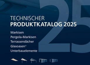 Technischer Produktkatalog 2025 mit Auflistung von Markisen, Glasofen und Unterbauelementen. 